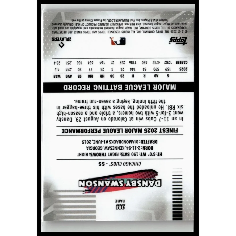 2026 Topps Finest Dansby Swanson 281 Chicago Cubs Uncommon